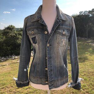 Women's Distressed Blue Denim Jean Jacket C&C California Size Small Y2K Grunge